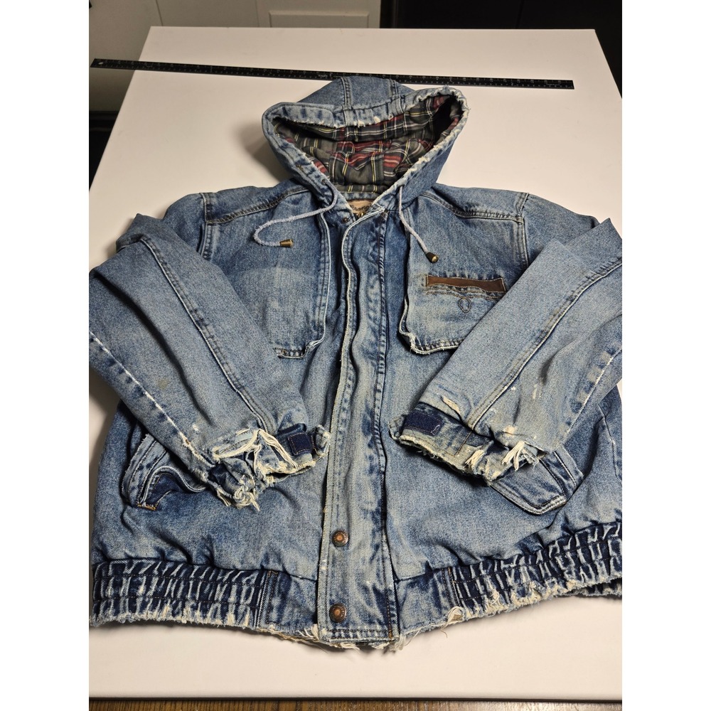Wrangler Denim Hooded Jacket Mens Large Blue Fair Distressed Plaid Lined Vintage